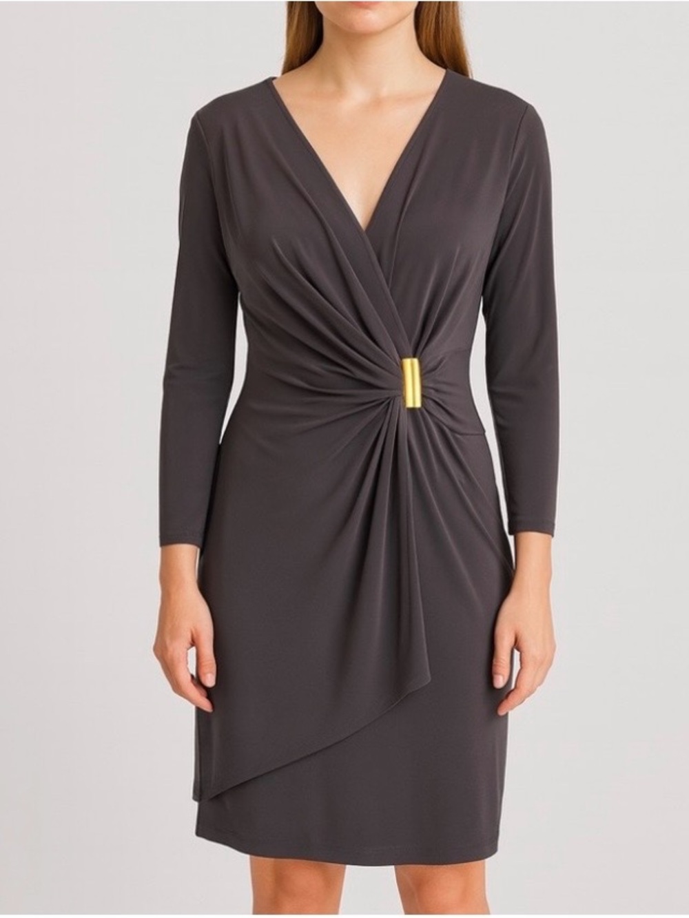 Calvin Klein Women's Black Surplice V-Neckline Buckled Wrap Sheath Dress Size 8